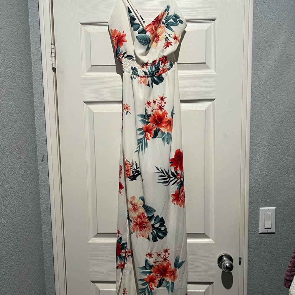 Floral Maxi Dress with Red and Green Accents